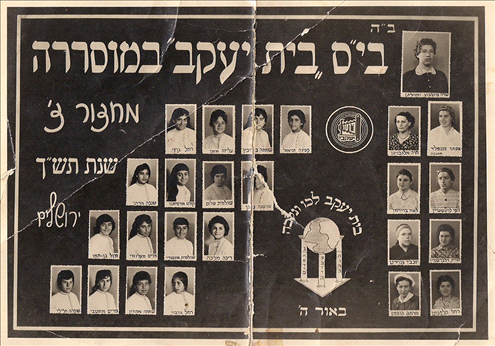 A year photo of the class of 1960, Rina Maymon’s class, in Beit Yaakov school.